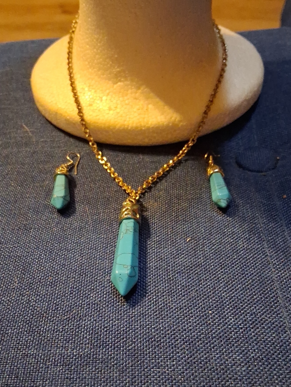 Silver Chain Necklace and Earring Set with Faux Turquoise Pendant